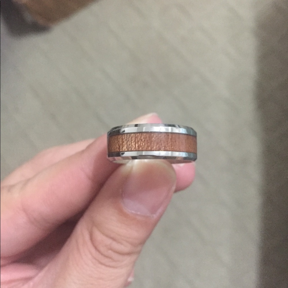 Men Tungsten Wood Inlay Silver Ring - Picture 3 of 5